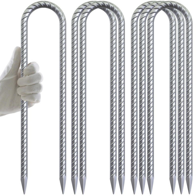 AAGUT Trampoline Stakes 12 Inch 6 Pack, 3/8 Inch Trampoline Tie Down Anchor Kit High Wind Heavy Duty, Galvanized Steel Trampolines Accessories U Shaped Ground Rebar Stakes for Soccer Goal, Swing Set - Image 1